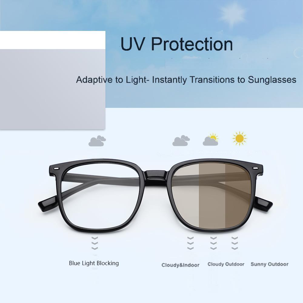 Gafas de sol adaptables de montura cuadrada: bloquean la luz azul y se tintan automáticamente para mayor versatilidad en interiores y exteriores.