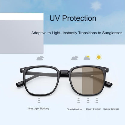 Gafas de sol adaptables de montura cuadrada: bloquean la luz azul y se tintan automáticamente para mayor versatilidad en interiores y exteriores.